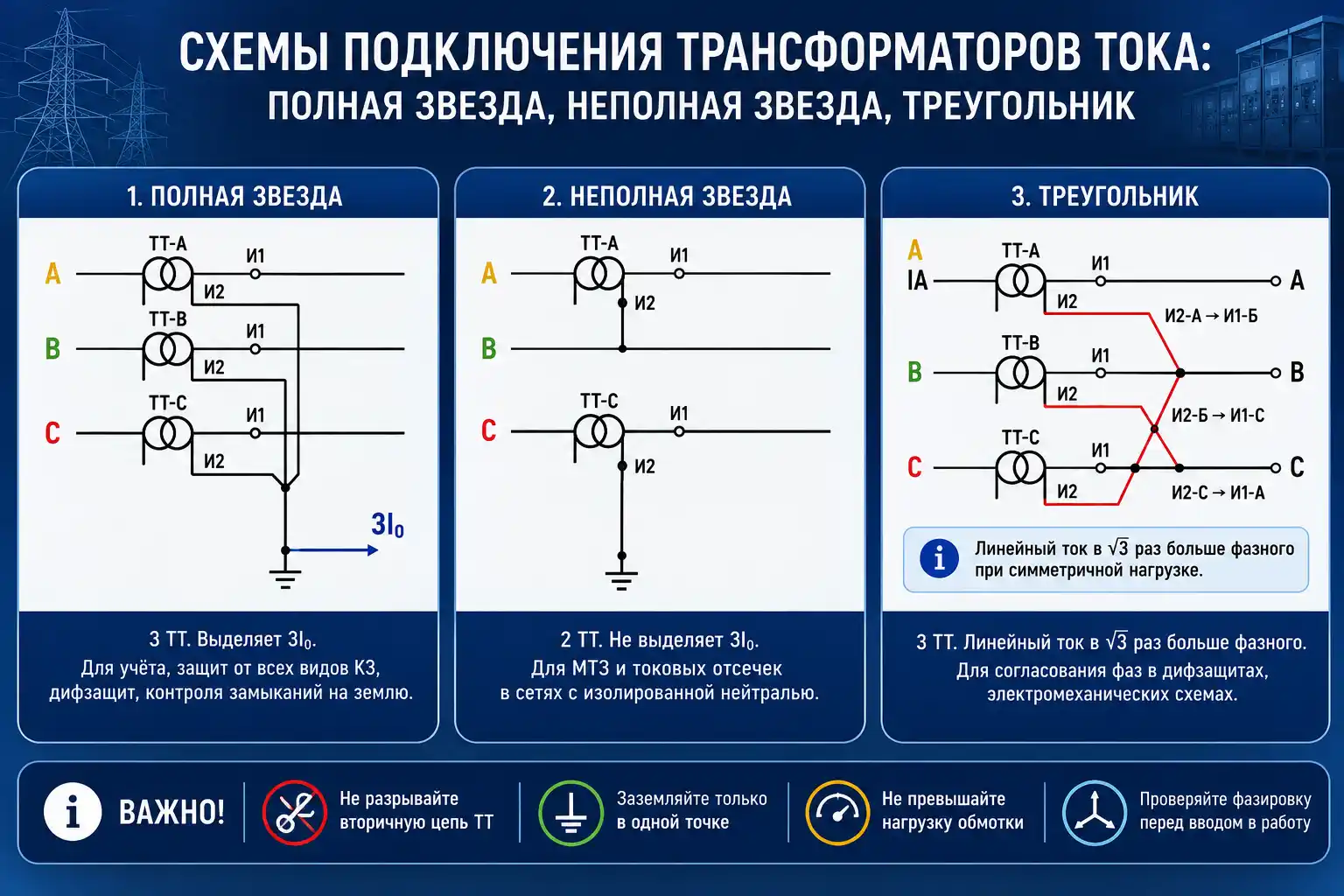 Схемы подключения трансформаторов тока: полная и неполная звезда, треугольник